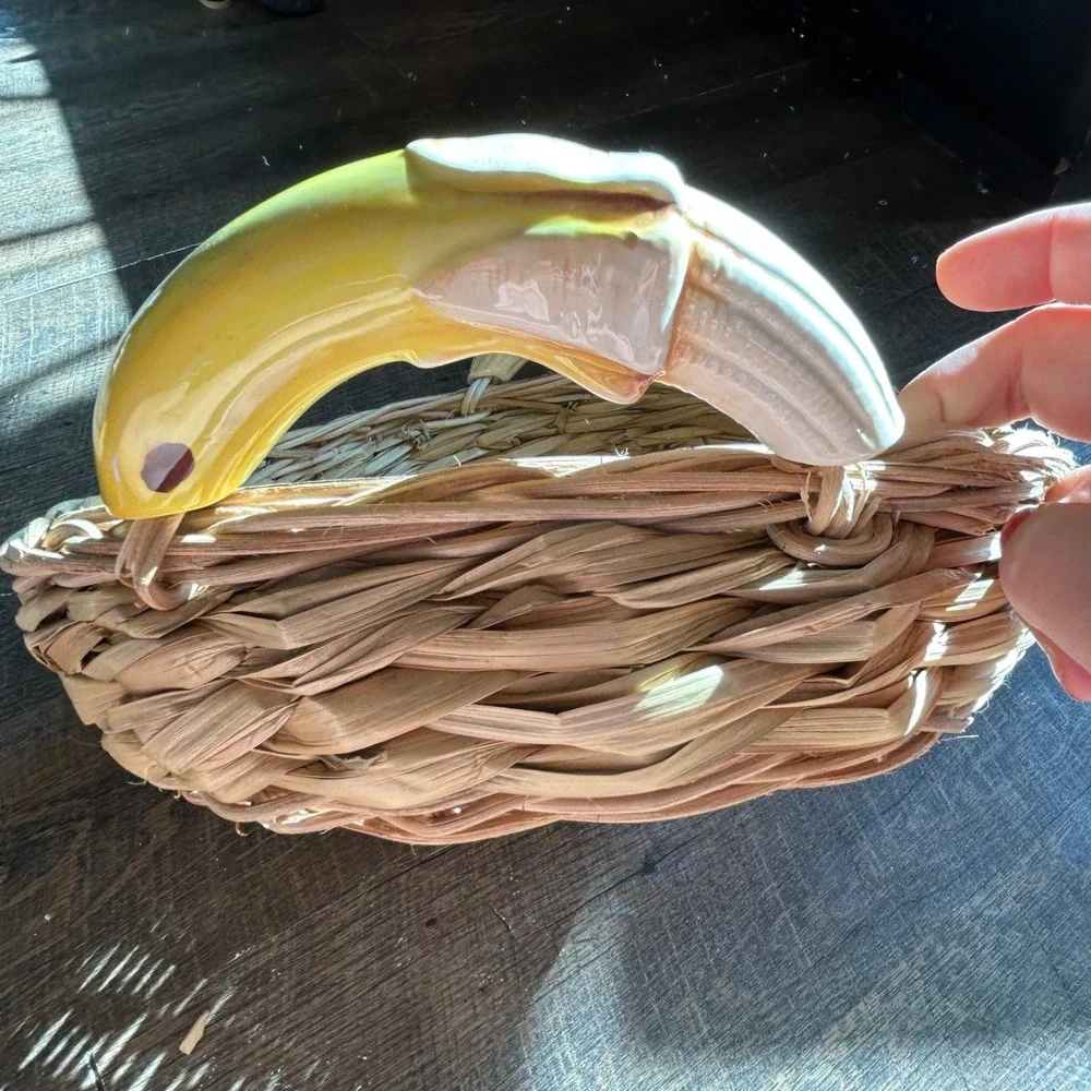 Vintage Wicker Fruit Basket with Ceramic Peeled Banana Handles Oval Tray